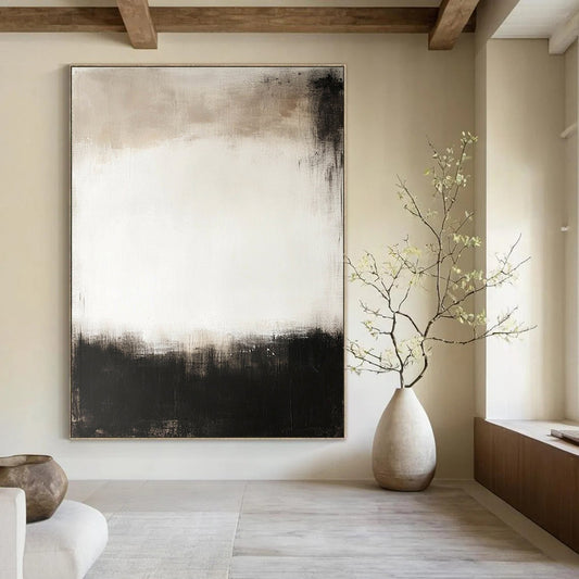 Contemporary abstract painting featuring a large central white space surrounded by dark gray and black tones creating a calm and mysterious atmosphere. DLZ0548