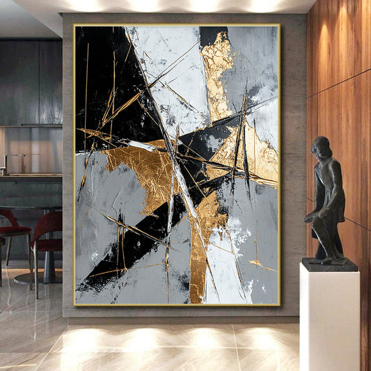 Gray, Black, White, Gold, Geometric Shards "Golden Fragment" Abstract Modernist Painting On Canvas HB073
