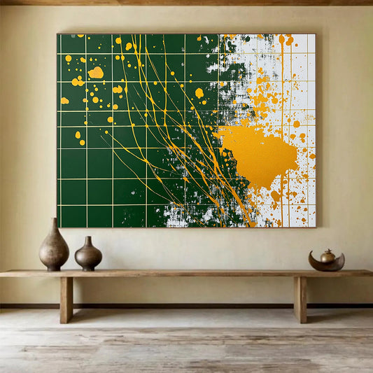 “Gold - Splatter Grid” - Green grid, yellow splatters, Abstract Painting On Canvas HB0558