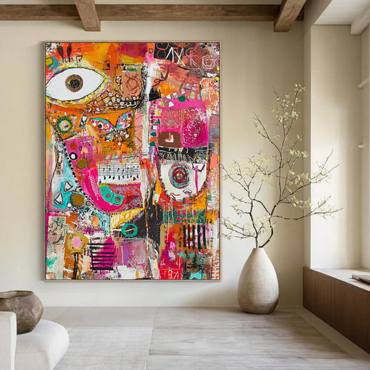 Vibrant contemporary abstract painting featuring joyful collage of musical notes fabric scraps paint splatters and geometric forms celebrating creativity and expression. DLZ0948