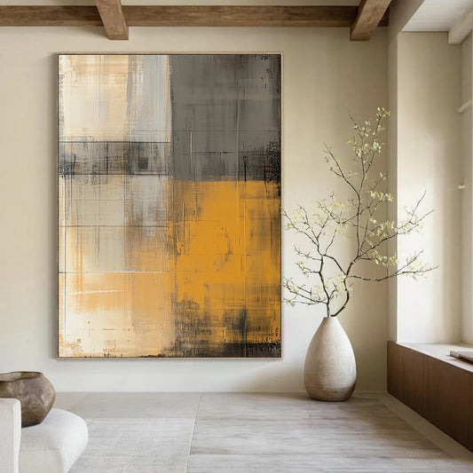 Contemporary abstract artwork featuring an urban city wall in muted yellow and beige hues with a textured vintage aesthetic inspired by Euan Uglow. DLZ0587