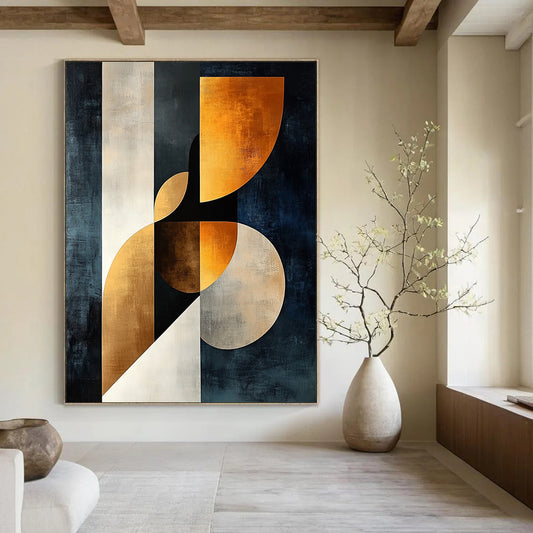 Modern abstract painting featuring elegant female form in dark blue beige and white with golden accents showcasing harmony of curves and geometric shapes. DLZ1370
