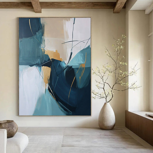Large contemporary hand-painted abstract artwork featuring beige and teal colors with thick brush strokes and gold accents. DLZ0728