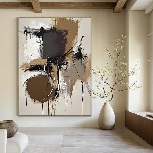 Contemporary abstract art features earthy tones with a bold gray stroke showcasing soft shapes and dynamic paint textures. DLZ1031