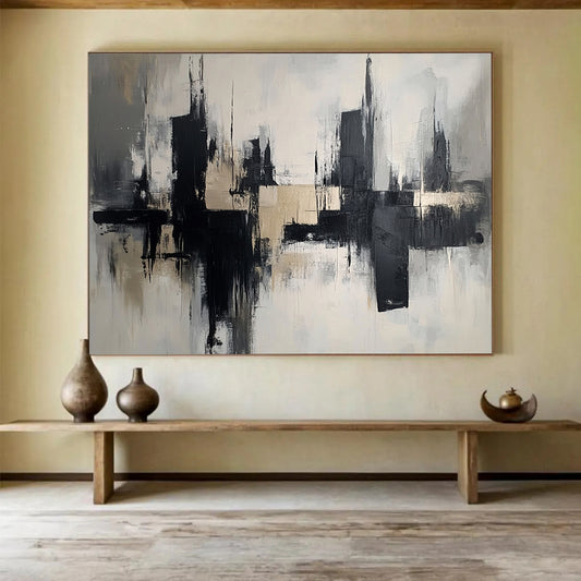 “Monochrome Cityscape Reflection” - Black, Gray, Beige, Abstract Urban Reflections - Abstract Acrylic Painting HB1672