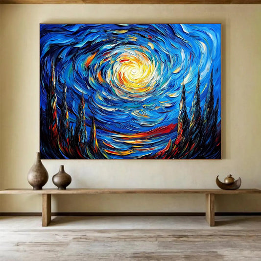 “Swirling Starry Night” - Deep Blues, Bright Yellows, Oranges, Dynamic Starry Sky - Impasto Oil Painting HB1721