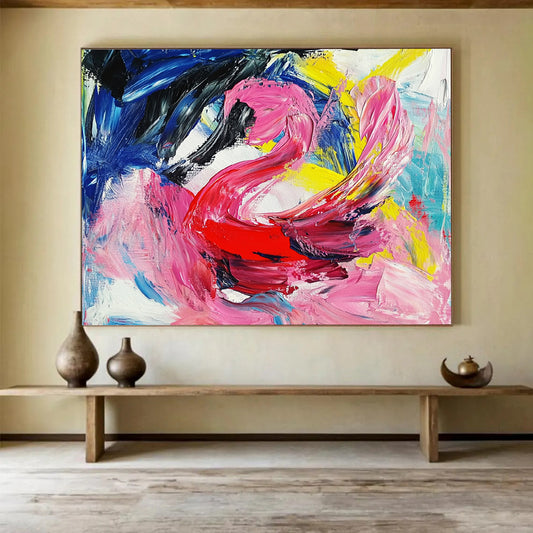 “Colorful Abstract Swan in Pink, Red, Blue, and Yellow” - Pink, red, blue, yellow; Abstract swan with colorful brushstrokes; Acrylic Painting On Canvas HB1234