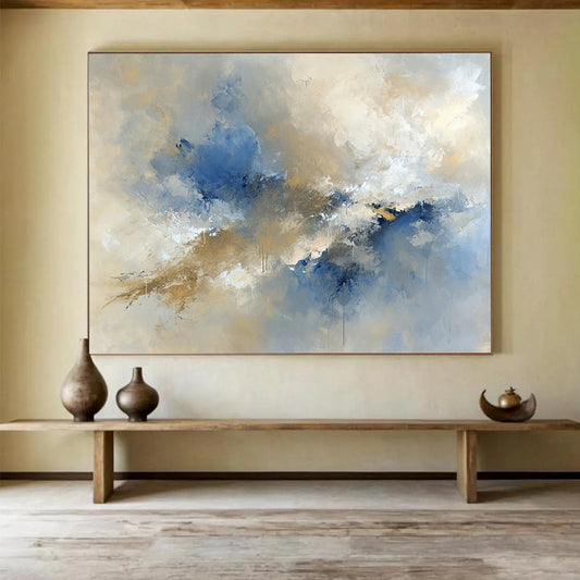 “Ethereal Blue - Beige Cloud Bursts” - Blue, Beige, White, Abstract Cloud - like Forms Painting On Canvas HB0978