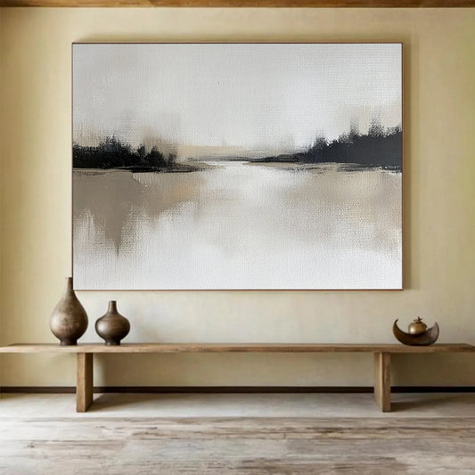 “Misty River in Monochrome” - Soft gray, deep black, beige, Minimalist Landscape Painting On Canvas HB0612