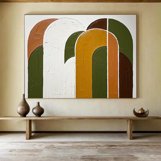 “Textured Color Arches” - Green, orange, white, brown, Textural Abstract Painting HB0623