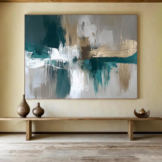 “Teal and Gold Abstract Drip” - Teal, gray, white, gold; Abstract with drip effects and gold accents; Acrylic Painting On Canvas HB1259