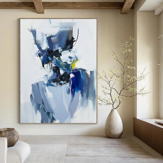 Contemporary abstract artwork featuring expressive blue and white character with brushstrokes, minimalism, and dark gray shapes for an elegant atmosphere. DLZ0951
