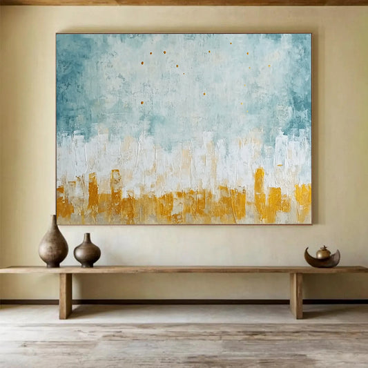 “Blue - Gray Cityscape with Gold Dots” - Blue, Gray, Gold, Abstract Cityscape Painting On Canvas HB1092
