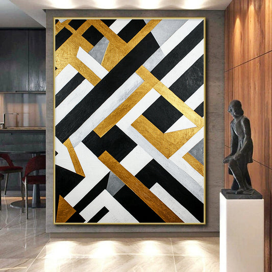 Black, White, Gold, Gray, Interlocking Shapes "Golden Grid" Abstract Modernist Painting On Canvas HB110