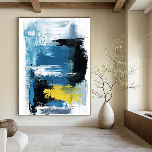 Large contemporary hand-painted abstract artwork featuring thick brush strokes and lines in light blue black and yellow on a white background by Amippo. DLZ1702