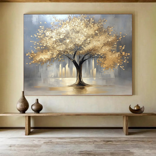 “Golden Tree in City” - Gray background, golden foliage, cityscape, Textured Tree Painting On Canvas HB0592