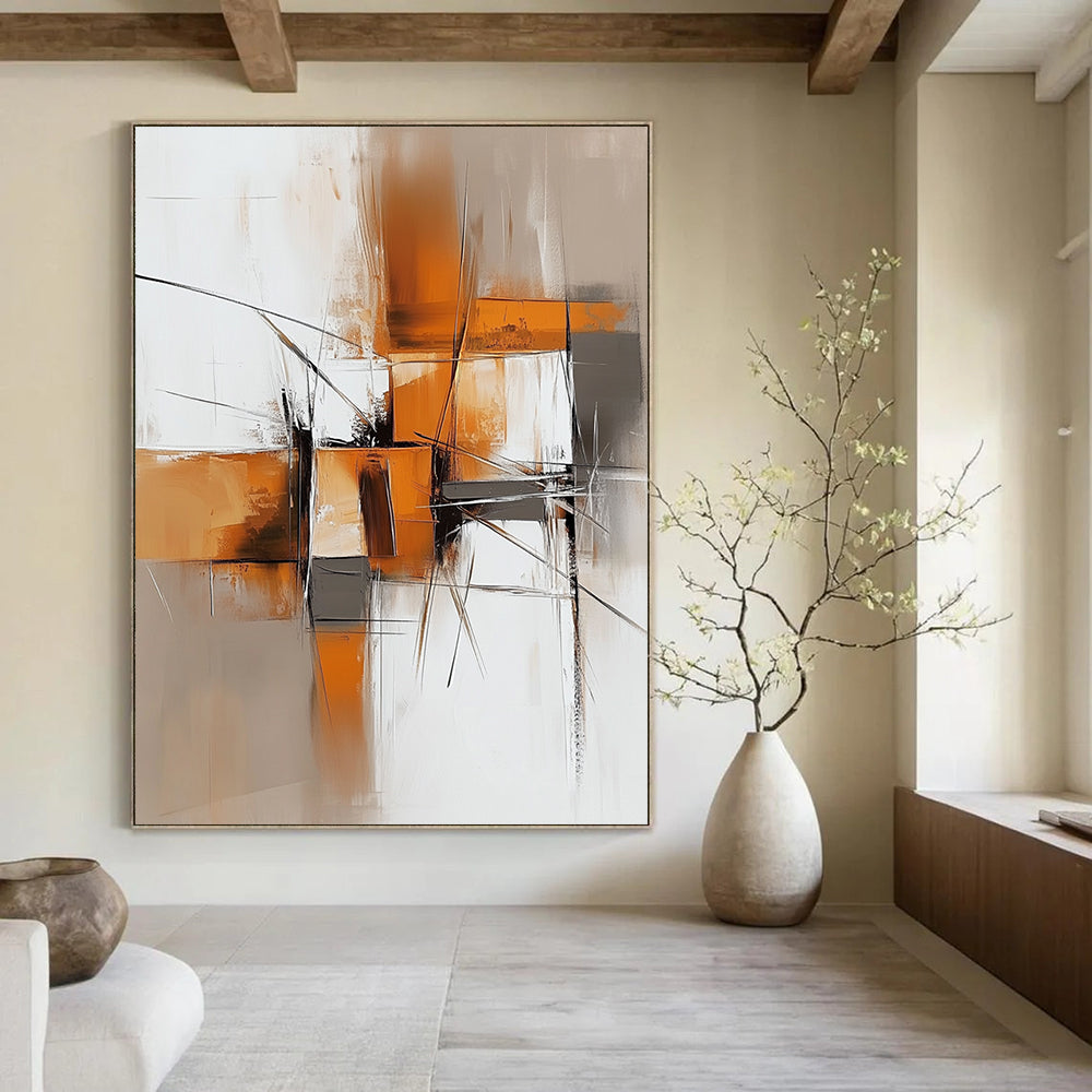 Contemporary hand-painted abstract artwork features light orange and dark gray tones with brush strokes and shapes on a textured white background. DLZ0680