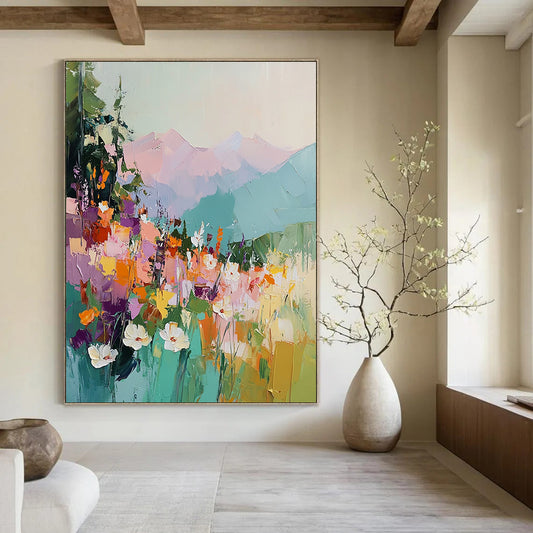 Vibrant contemporary abstract painting with thick brushstrokes depicting colorful wildflowers mountains and a dramatic sky in rich hues. DLZ0418