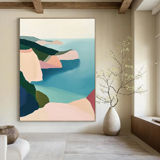 Contemporary abstract artwork featuring a serene coastal landscape with pastel cliffs and a calm sea in soothing green blue and pink tones. DLZ1457