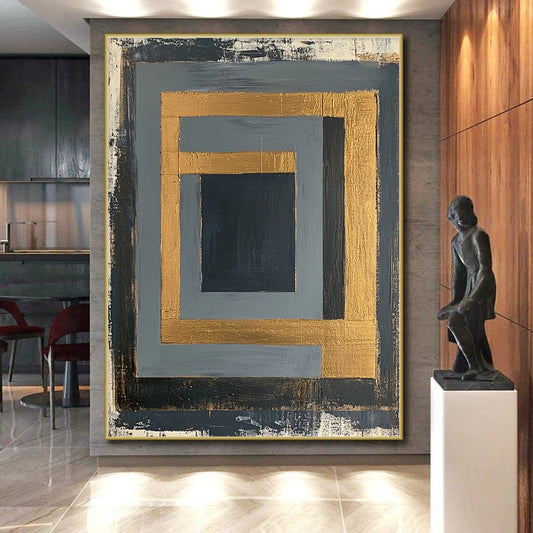 Gray, Black, Gold and White Geometric Frames "Framed Mystery" Painting On Canvas HB349