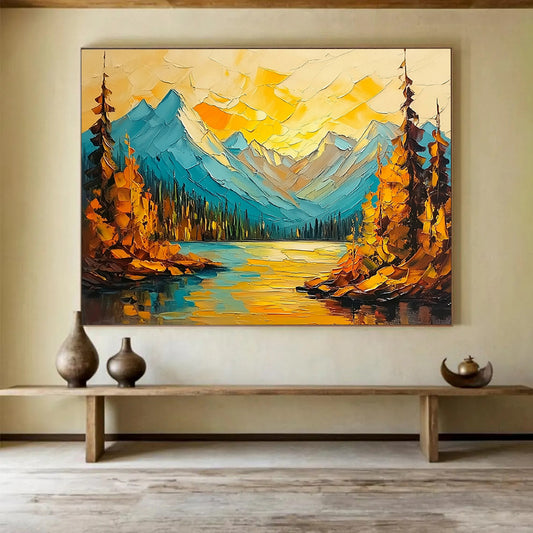 “Colorful Mountain Lake” - Blues, Yellows, Oranges, Mountain Lake with Autumn Trees - Impasto Oil Painting HB1713
