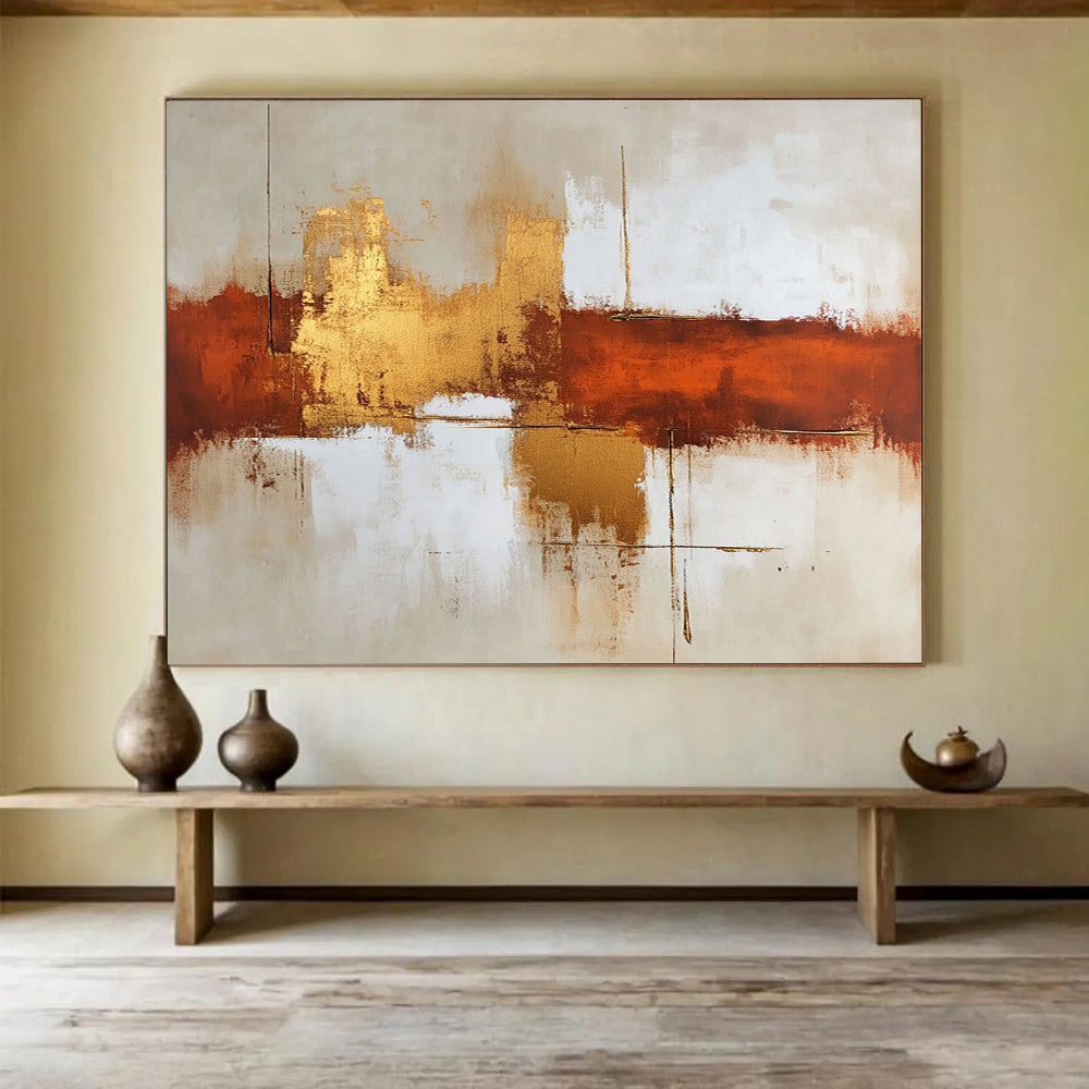 “Brown Gold White Abstract Horizons” - Brown, gold, white, beige; Abstract horizons with gold reflections HB1291