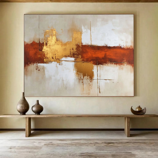 “Brown Gold White Abstract Horizons” - Brown, gold, white, beige; Abstract horizons with gold reflections HB1291
