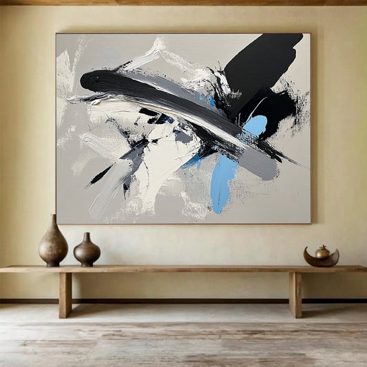 “Dynamic Black - Gray - Blue Brushstrokes” - Black, Gray, Blue, White, Energetic Strokes Painting On Canvas HB0811