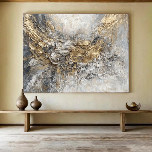 “Golden - Gray Textured Abstraction” - Gold, Gray, Textured Swirls Painting On Canvas HB0786