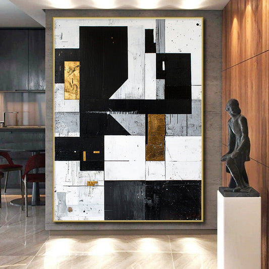 Black, White, Gray, Gold, Textured Rectangles "Gilded Rustic Modern" Abstract Modernist Painting On Canvas HB130