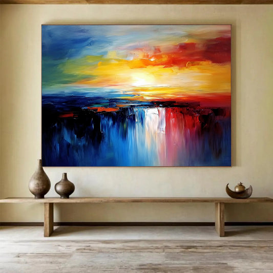 Vibrant Sunset Waterfall - Colorful Abstract Landscape Painting On Canvas HB0431