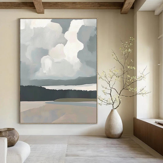 Contemporary abstract artwork featuring soft clouds on the horizon with muted colors and a minimalist landscape inspired by Fairfield Porter. DLZ0479