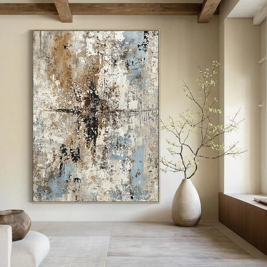 Contemporary hand-painted abstract artwork features weathered concrete and peeling paint in muted grays browns and blues for timeless elegance and rustic charm. DLZ1168