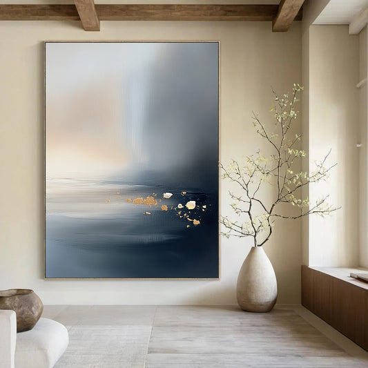 Large contemporary hand-painted abstract artwork featuring a serene misty ocean and sky with neutral tones and subtle gold and silver accents. DLZ0473