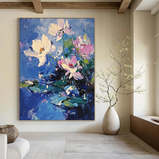 Contemporary abstract painting featuring bold brushstrokes and vibrant lotus flowers with pink accents on blue water, creating depth and movement through light and shadow. DLZ0377