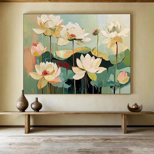 “Textured White Lotus Flowers” - White, Green, Pink, Layered Lotus Blooms - Impasto Acrylic Painting HB1651