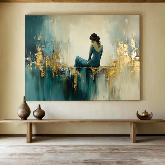 “Elegant Figure in Teal - Gold Abstract Space” - Teal, Gold, Figure, Abstract Figurative Painting On Canvas HB1106