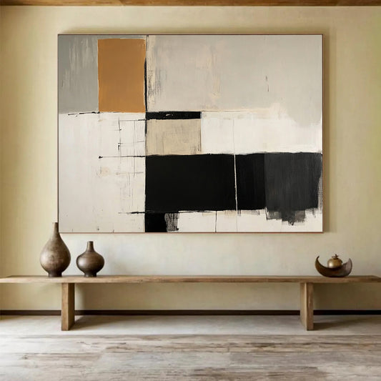“Neutral Grid Abstract” - Black, White, Brown, Grid - Like Shapes - Modernist Acrylic Painting HB1518