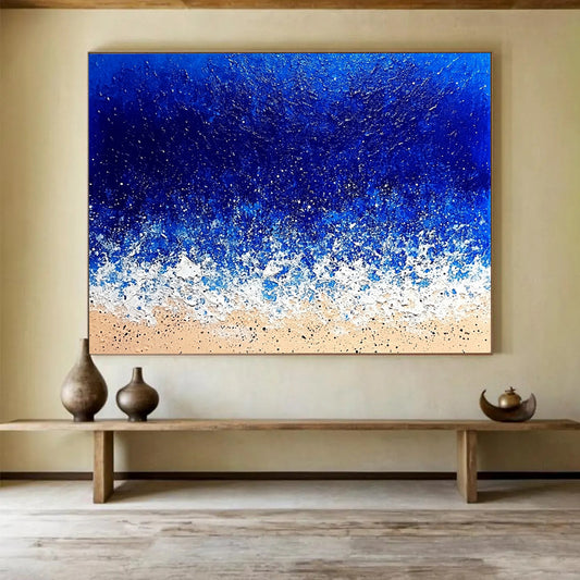 “Textured Ocean Waves” - Deep blues, whites, beiges; Impasto waves crashing on a sandy beach; Palette Knife Acrylic Painting On Canvas HB1184