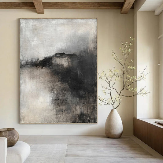 Contemporary abstract painting featuring a soft misty landscape with neutral tones and a small village on the horizon. DLZ0389