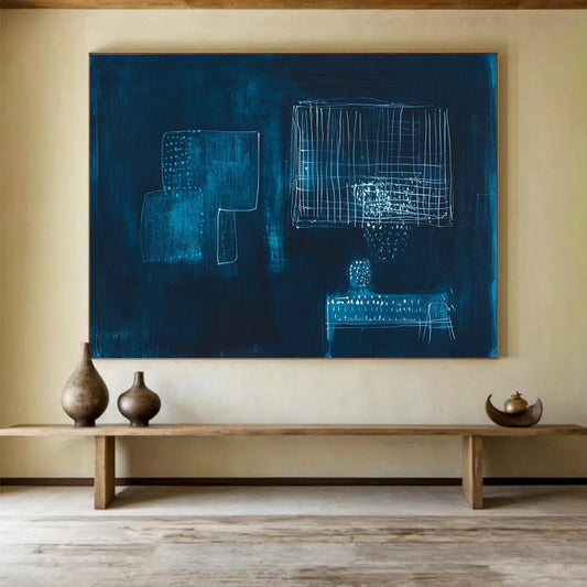 “Abstract White Shapes on Dark Blue” - Expressive Abstract Painting On Canvas HB0525