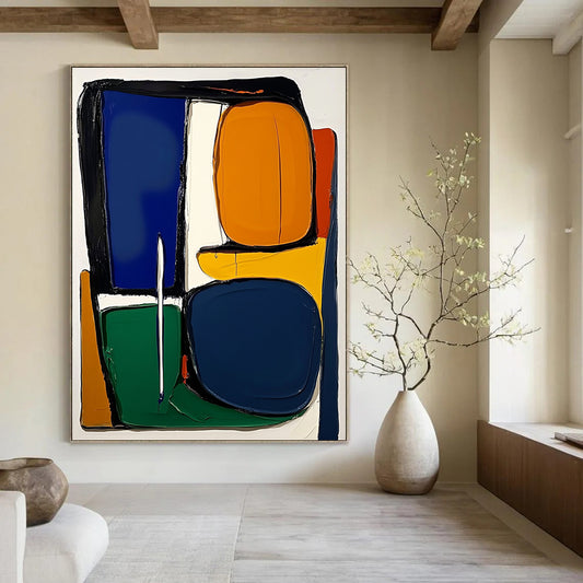 Contemporary abstract painting with dynamic blue green and orange colors featuring an elongated rectangle and bold strokes on a minimalist background. DLZ0913