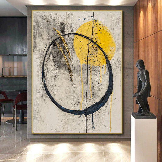 Gray, Yellow, Black, Gold, Circular Motifs "Sunrise Enso" Abstract Zen - Inspired Painting On Canvas HB057