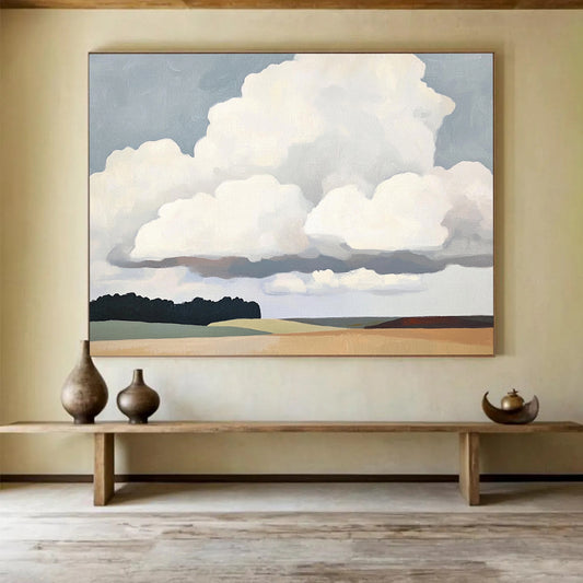 “Cloudscape Calm” - Soft grays, whites, muted greens, browns; Big fluffy clouds, open fields, trees; Minimalist Landscape Painting On Canvas HB1150