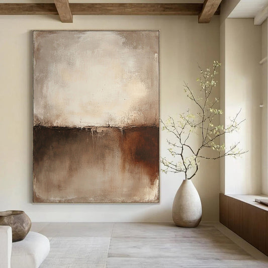 Large contemporary hand-painted abstract art featuring a textured wall in warm brown and cream tones. Perfect for modern decor. DLZ1379