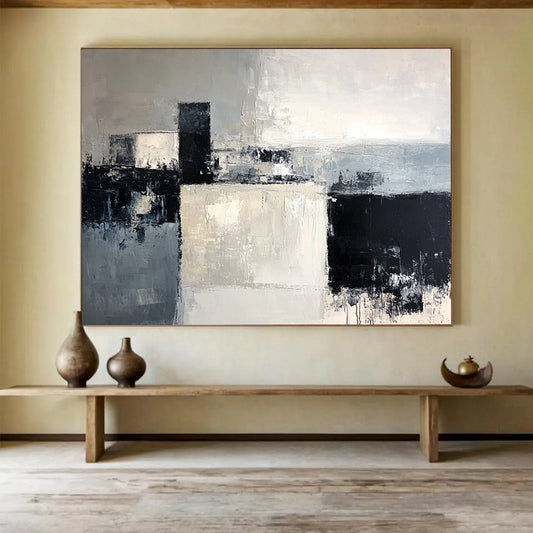 “Geometric Abstract in Gray and Black” - Gray, black, white; Geometric shapes in gray, black, and white; Textured Acrylic Painting On Canvas HB1204