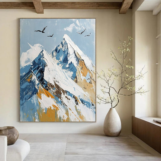Contemporary abstract painting depicting Mount Everest's summit with flying birds, featuring a serene palette of white, blue, and gold. DLZ0493