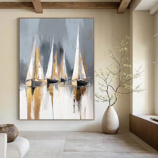 Elegant contemporary abstract painting featuring sailing boats with gold and silver accents against a light gray background, showcasing minimalist style and soft lighting. DLZ1699