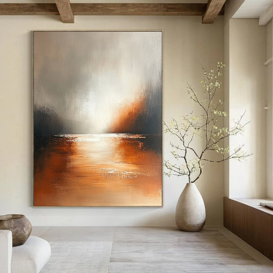 Contemporary hand-painted abstract art featuring soft tones in brown and white with subtle gradients on a textured canvas for a serene modern aesthetic. DLZ0429