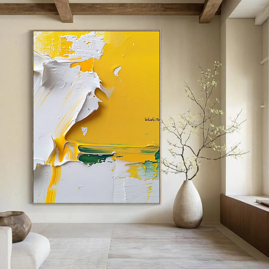 Contemporary hand-painted abstract artwork features vibrant yellow and white textures on a pure white background showcasing intricate impasto techniques. DLZ1185